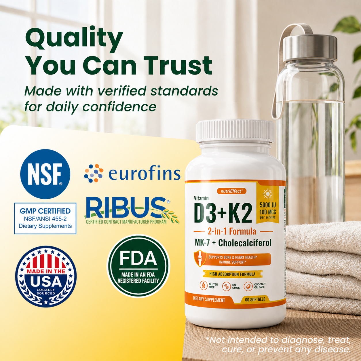Vitamin D3 K2 Supplement 5000 IU + MK-7 – Bone, Heart & Immune Support | 60 Softgels NE nutriEffect