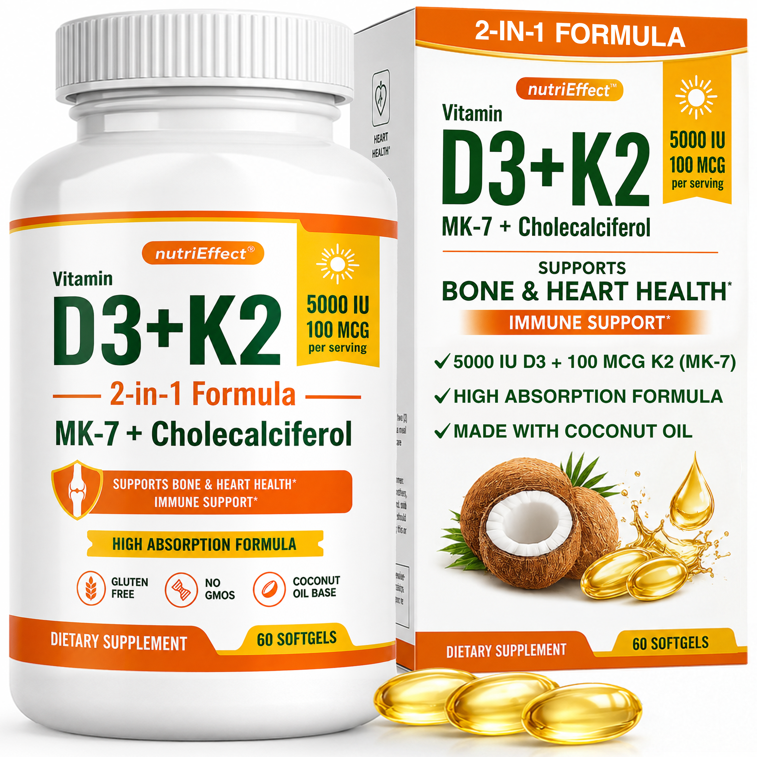 Vitamin D3 K2 Supplement 5000 IU + MK-7 – Bone, Heart & Immune Support | 60 Softgels NE nutriEffect