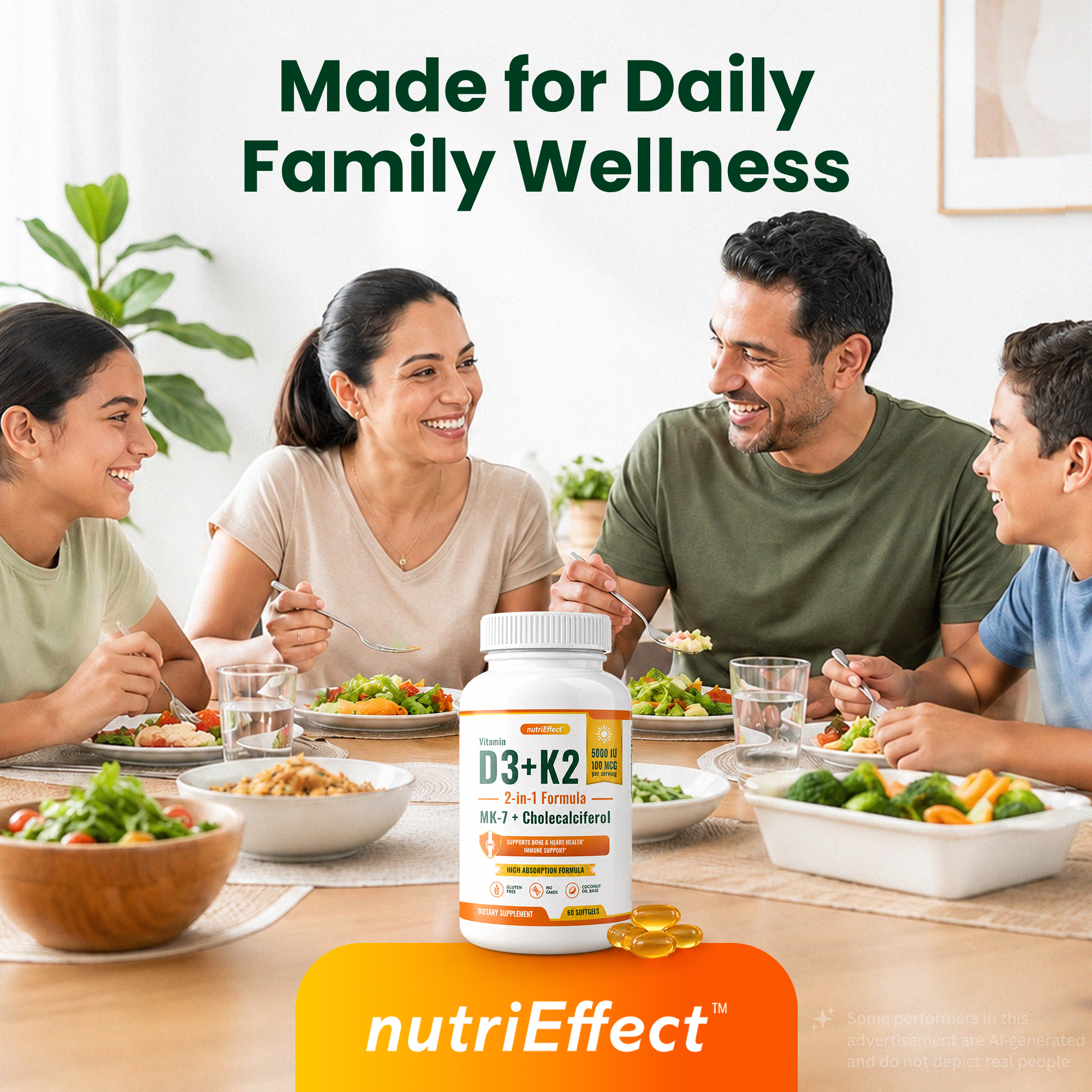 Vitamin D3 K2 Supplement 5000 IU + MK-7 – Bone, Heart & Immune Support | 60 Softgels NE nutriEffect