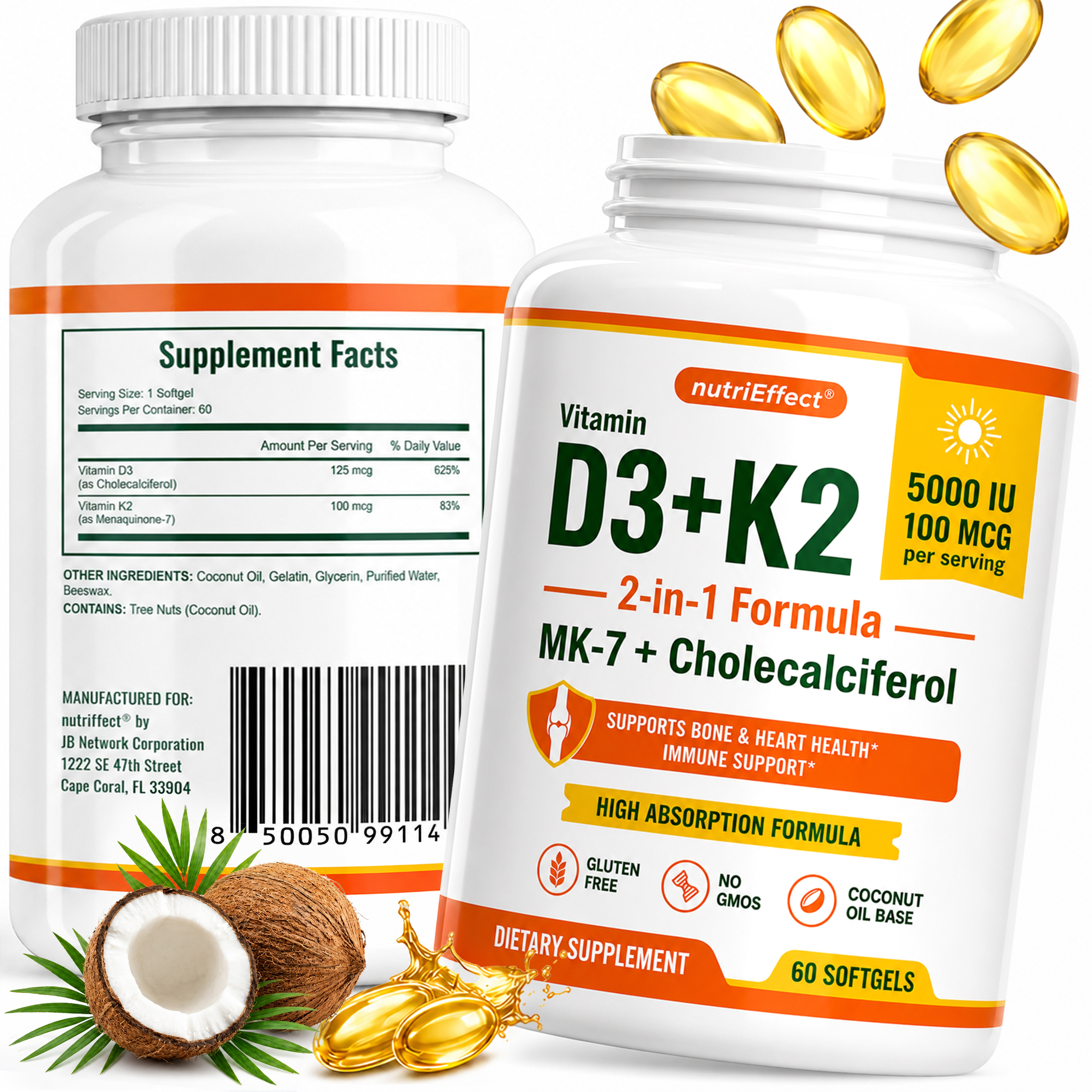 Vitamin D3 K2 Supplement 5000 IU + MK-7 – Bone, Heart & Immune Support | 60 Softgels NE nutriEffect