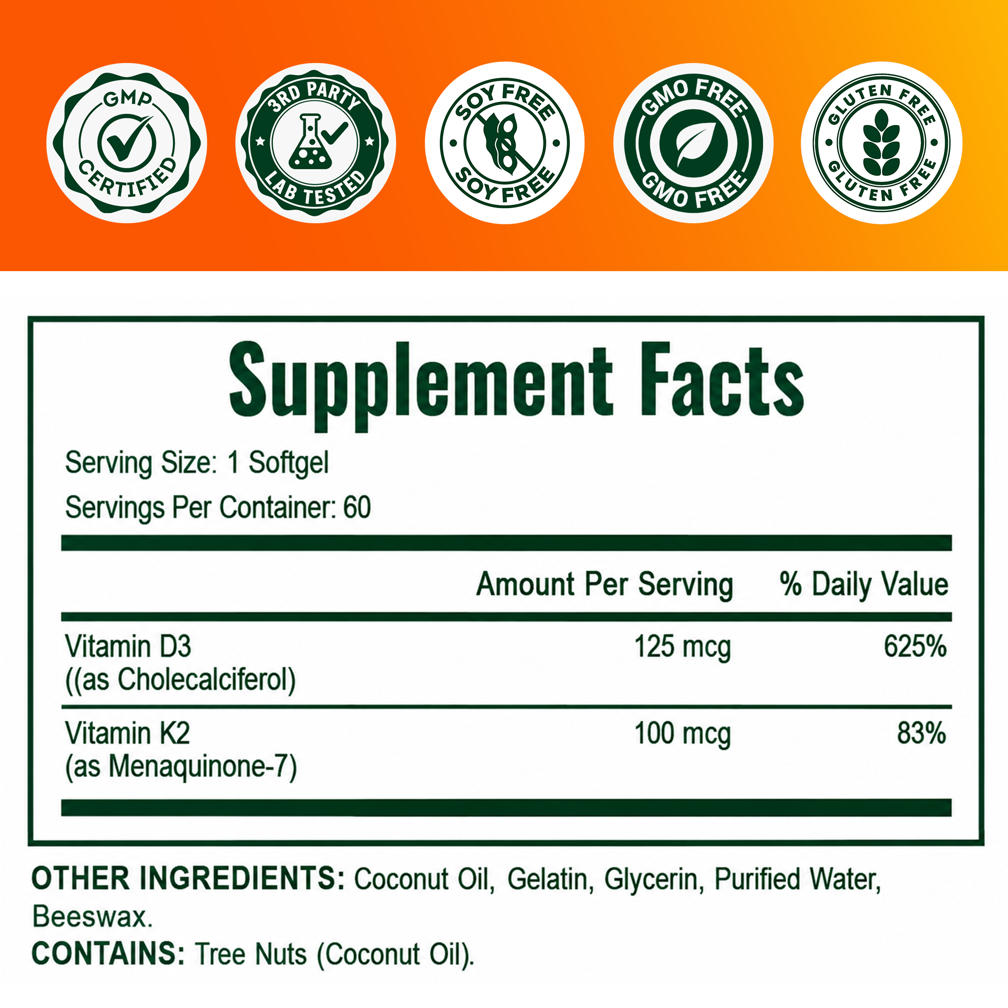 Vitamin D3 K2 Supplement 5000 IU + MK-7 – Bone, Heart & Immune Support | 60 Softgels NE nutriEffect