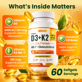 Vitamin D3 K2 Supplement 5000 IU + MK-7 – Bone, Heart & Immune Support | 60 Softgels NE nutriEffect