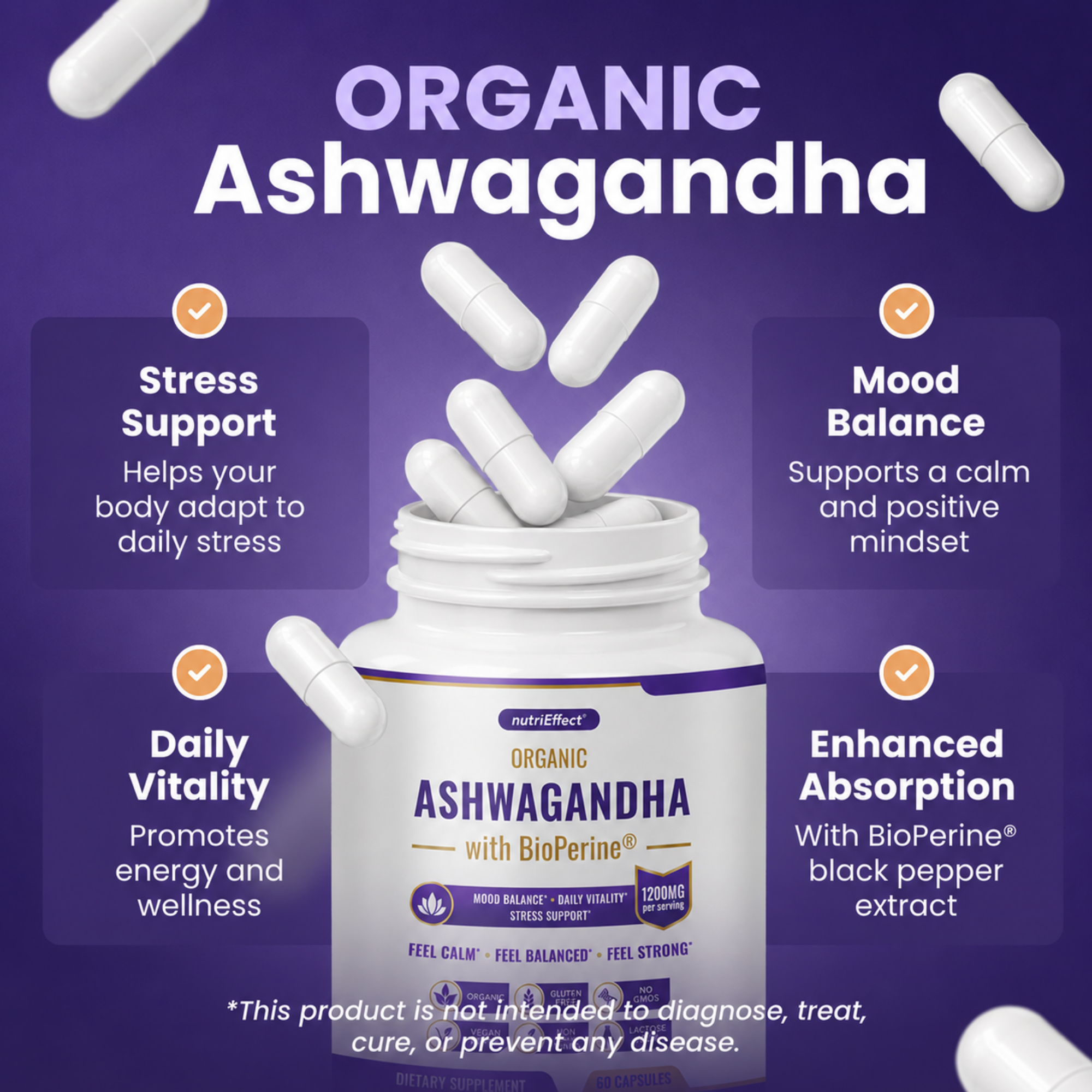 nutriEffect® Organic Ashwagandha 1200 mg with BioPerine® – Stress, Mood & Daily Vitality Support – 60 capsules