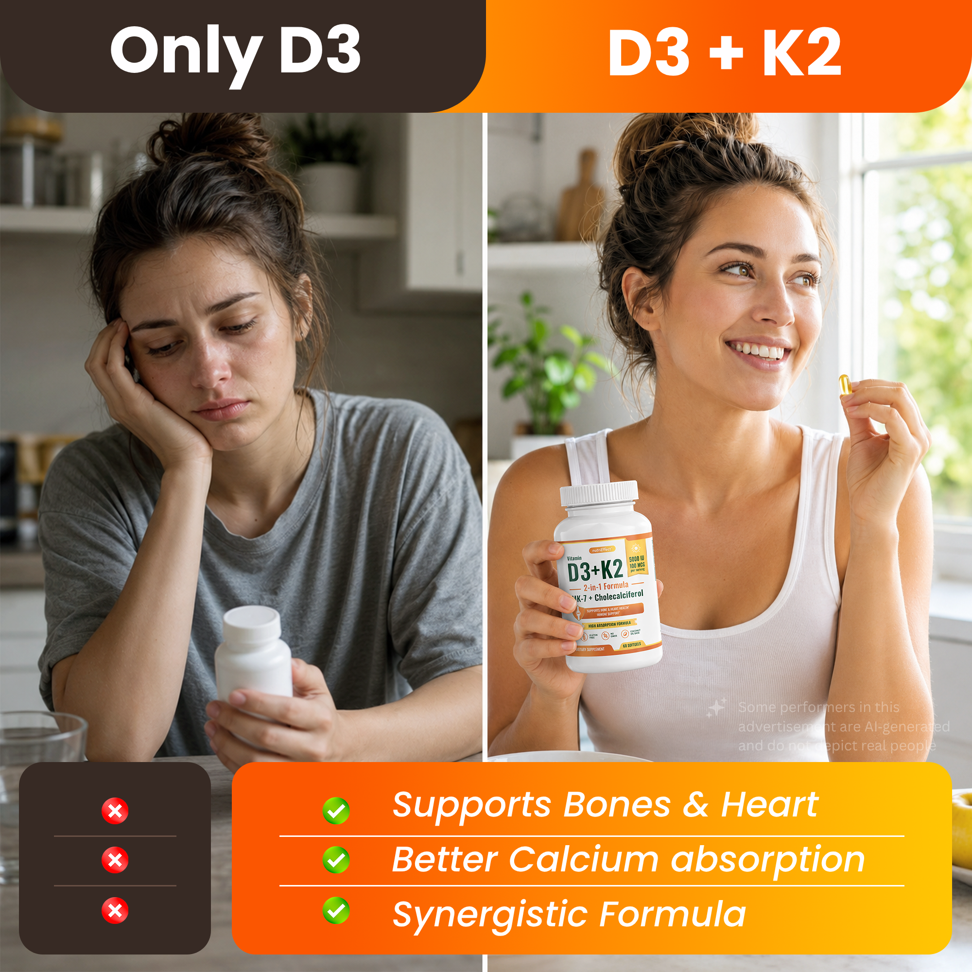 Vitamin D3 K2 Supplement 5000 IU + MK-7 – Bone, Heart & Immune Support | 60 Softgels NE nutriEffect