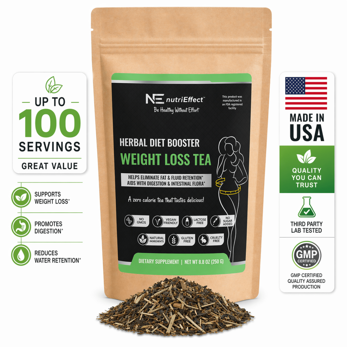Natural Weight Loss Tea To Lose Stomach Fat, Reduce Bloating,Cleanse and Detox - 8.8 Oz (250 Grams) - NE nutriEffect - Vitamins & Supplements